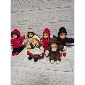 Lot of 6 dollS Vintage Ceramic Faces Cloth Bodies W Sawdust Fill Artmark READ